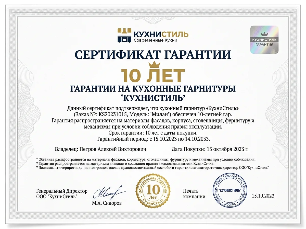 Сертификат гарантии 10 лет на кухонные гарнитуры КухниСтиль, официальный документ на белом фоне