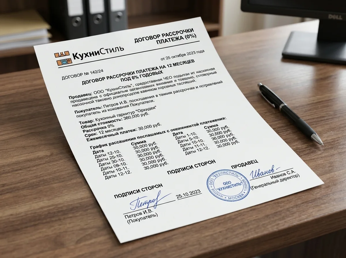 Документ договор рассрочки 0 процентов на 12 месяцев, печать и подпись, бланк КухниСтиль